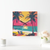 Zomer Strand Tijd Retro Surfer Palm Trees Zonsonde Vierkante Klok (Huis)