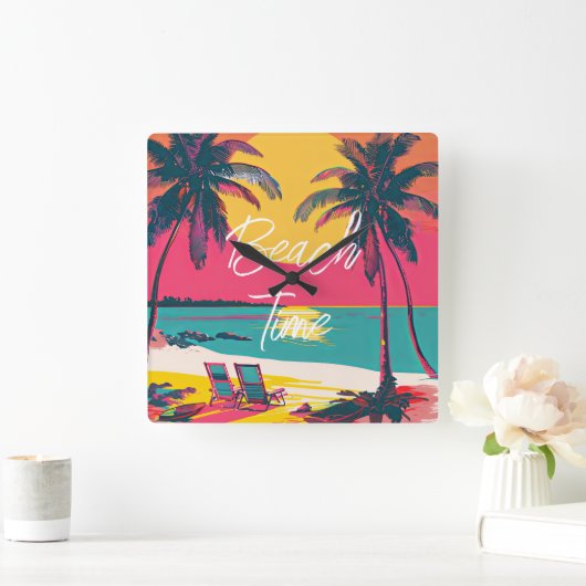 Zomer Strand Tijd Retro Surfer Palm Trees Zonsonde Vierkante Klok (Huis)