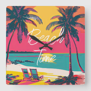 Zomer Strand Tijd Retro Surfer Palm Trees Zonsonde Vierkante Klok