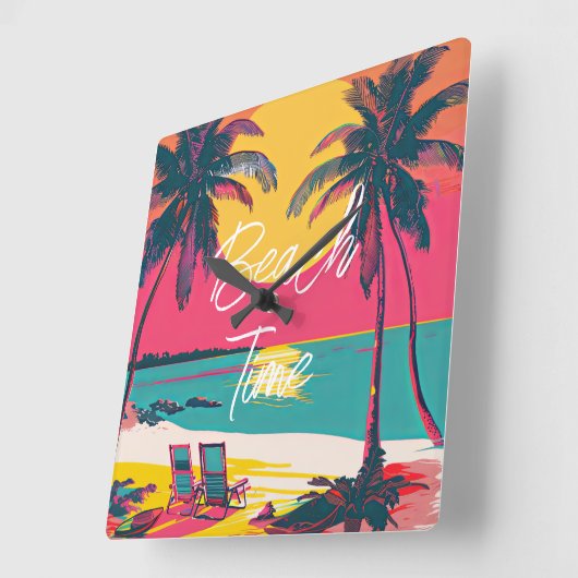 Zomer Strand Tijd Retro Surfer Palm Trees Zonsonde Vierkante Klok (Hoek)