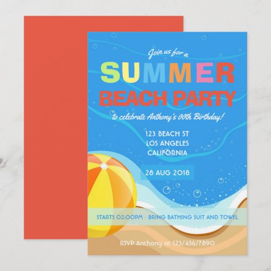 Zomer strand verjaardagsfeest uitnodiging (Voorkant / Achterkant)