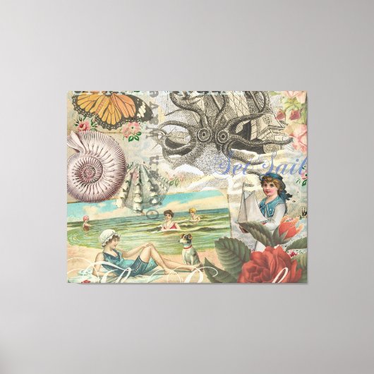 zomer strand vintage octopus antiek zeilen canvas afdruk (Voorkant)