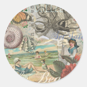 zomer strand vintage octopus antiek zeilen ronde sticker