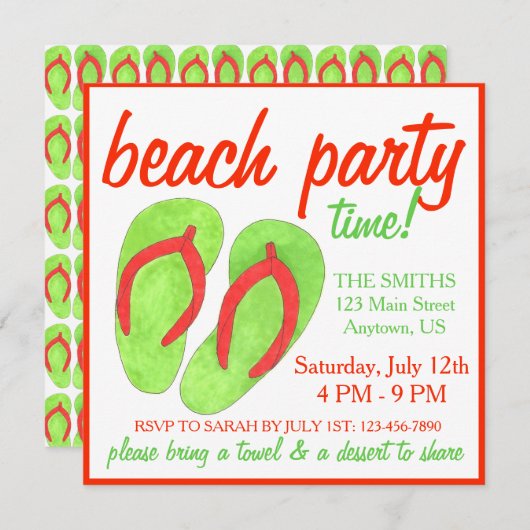 Zomer strand zwembad feest groene slippers kaart (Voorkant / Achterkant)