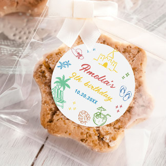 Zomer strandmeisje verjaardagsfavoriet ronde sticker