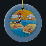 Zomer-strandsport kust keramisch ornament<br><div class="desc">Kustillustratie - Een echt schattige eilandstrand scène met zonneschijn,  vuurtoren en zeilboot. Deze zeesoortdag is een schattige kleine foto van kunstenaar Mary Hubley. Heldere kleuren en leuke scène voor de strandminnaar.</div>