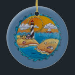 Zomer-strandsport kust keramisch ornament<br><div class="desc">Kustillustratie - Een echt schattige eilandstrand scène met zonneschijn,  vuurtoren en zeilboot. Deze zeesoortdag is een schattige kleine foto van kunstenaar Mary Hubley. Heldere kleuren en leuke scène voor de strandminnaar.</div>