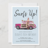 Zomer Surf Party | Vintage Roze Auto Uitnodiging (Voorkant)