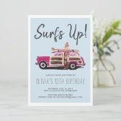 Zomer Surf Party | Vintage Roze Auto Uitnodiging (Staand voorkant)