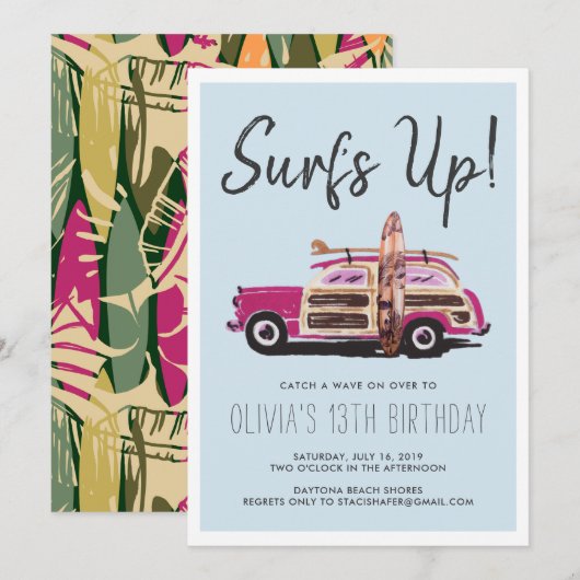 Zomer Surf Party | Vintage Roze Auto Uitnodiging (Voorkant / Achterkant)