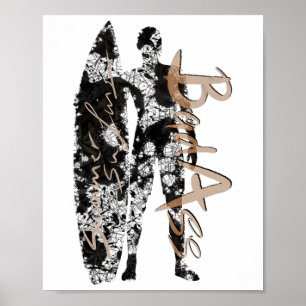 Zomer surfen surfer in het zwart met surfplank D M Poster