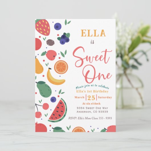 Zomer Sweet One Fruit 1e Verjaardag Uitnodiging (Staand voorkant)