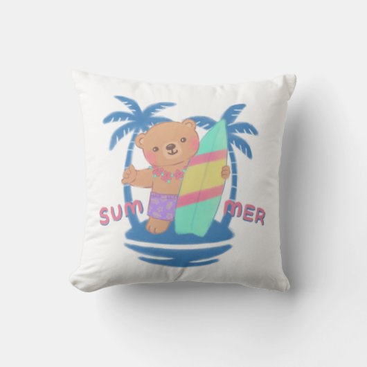 Zomer Teddy Bear Surfer op Hawaï Kussen (Voorkant)