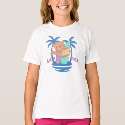Zomer Teddy Bear Surfer op Hawaï T-shirt (Voorkant)