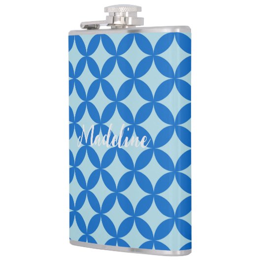 Zomer tegel met azuurblauwe cirkels op baby blauw heupfles (Links)