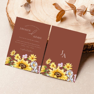 Zomer Terracotta Zonnebloemen Monogram Bruiloft Kaart