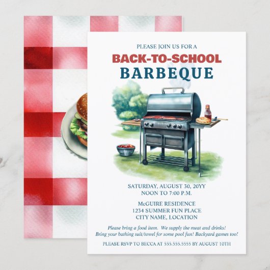 Zomer Terug naar School BBQ Party Kaart (Voorkant / Achterkant)