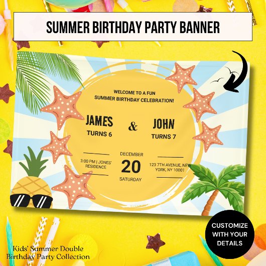 Zomer Thema Kinderen Dubbele Verjaardagsviering Spandoek