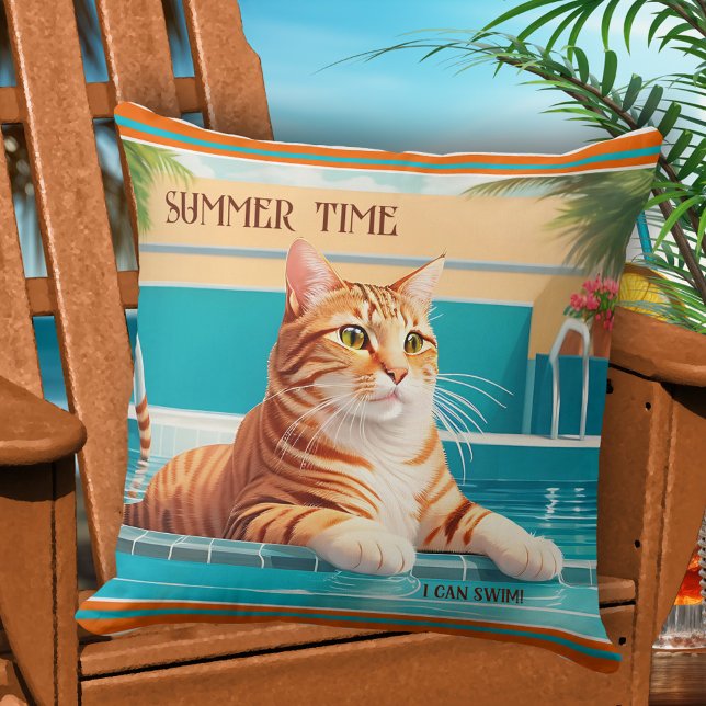 Zomer tijd Grappig gember kat zwembad Kussen (Pillow featuring an illustration of a funny ginger cat in a swimming pool - happy summer pillow)