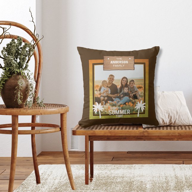 Zomer Tropical Photo Lijst Vakantie Palmbomen Kussen (Personalized Family Photo With Names Summer Theme Tropical Palm Trees and Wood Sign)