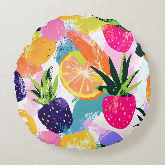 Zomer Tropisch Fruit Fiesta Rond Kussen (Voorkant)