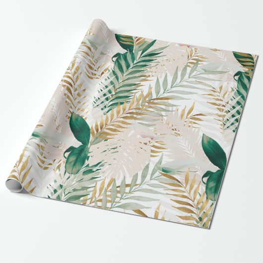 Zomer Tropisch Groen Goud Palm gebladerte groen Cadeaupapier (Uitgerold)
