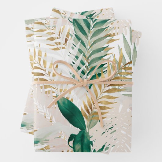 Zomer Tropisch Groen Goud Palm gebladerte groen Inpakpapier Vel (In situ)