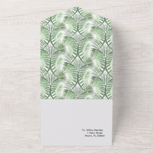 Zomer Tropisch Groen Palm Foto Bruiloft All In One Uitnodiging (Buitenkant)