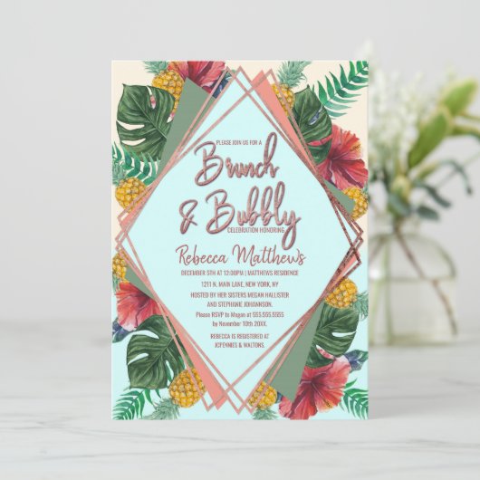 Zomer Tropische Ananas Bloemen Brunch en Bubbly Kaart (Staand voorkant)