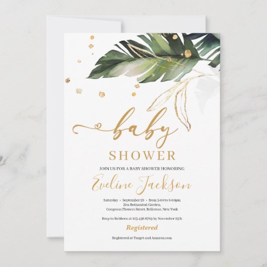 Zomer tropische bladeren en gouden meisje baby sho kaart (Voorkant)