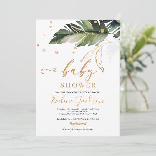 Zomer tropische bladeren en gouden meisje baby sho kaart (Staand voorkant)