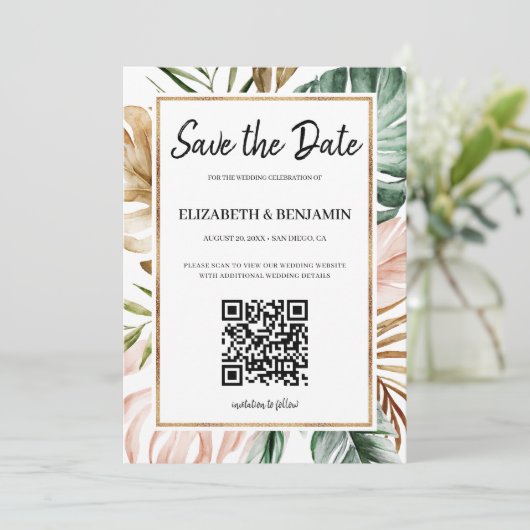 Zomer Tropische Bladeren QR Code Foto Bewaar de Da Save The Date (Staand voorkant)