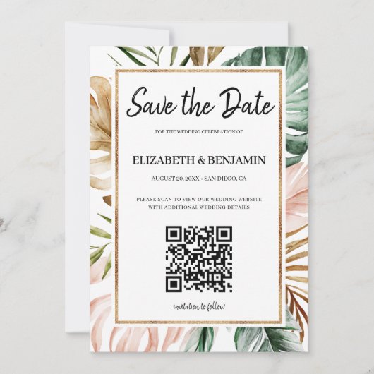 Zomer Tropische Bladeren QR Code Foto Save The Dat Save The Date (Voorkant)