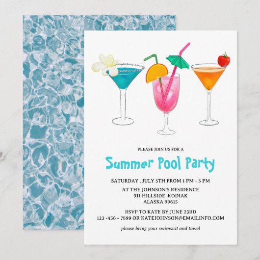 Zomer Tropische Cocktail Volwassenen Zwembad Feest Kaart (Voorkant / Achterkant)