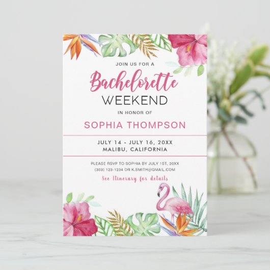 Zomer Tropische Flamingo Bachelorette uitnodiging (Staand voorkant)