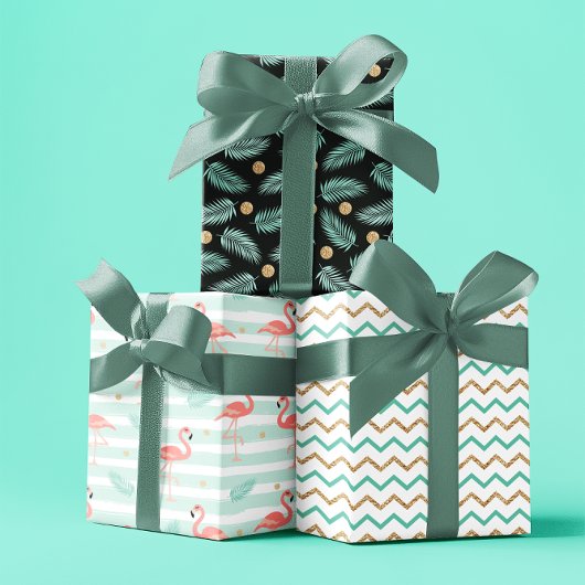 Zomer tropische Flamingo blauw goud set van 3 Inpakpapier Vel