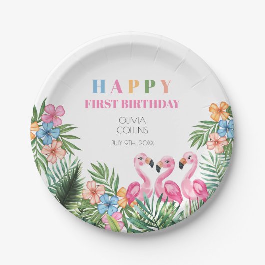 Zomer Tropische Flamingo Happy 1st Verjaardagsfees Papieren Bordje (Voorkant)