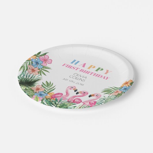 Zomer Tropische Flamingo Happy 1st Verjaardagsfees Papieren Bordje (Gekanteld)