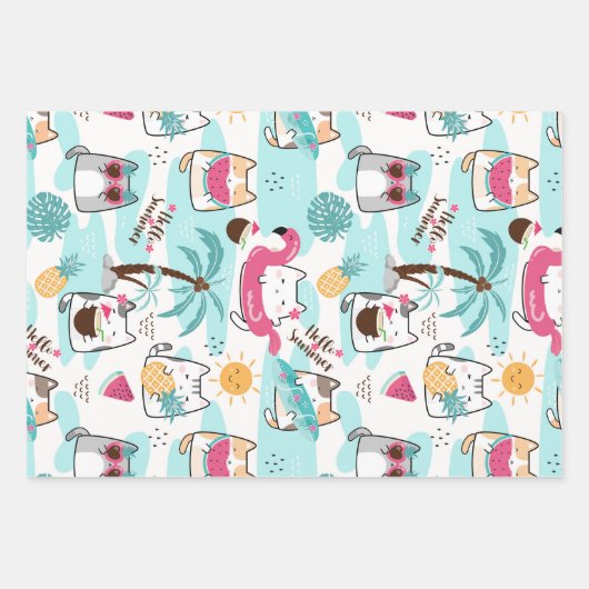 Zomer tropische katten pastel roze set van 3 inpakpapier vel (Voorkant)