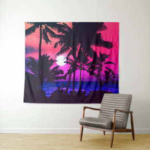Zomer Tropische Neon Roze Blauwe Palmbomen Zonsond Wandkleed