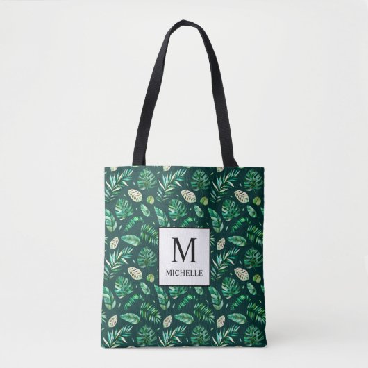 Zomer Tropische palmbladeren Monogram en Naam Tote Bag (Voorkant)