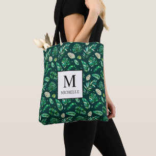 Zomer Tropische palmbladeren Monogram en Naam Tote Bag