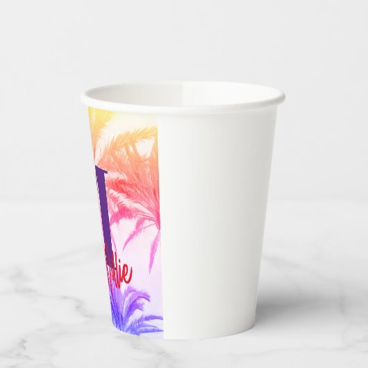 Zomer tropische palmboom in retro neon 80's papieren bekers (Links)