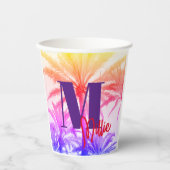 Zomer tropische palmboom in retro neon 80's papieren bekers (Voorkant)