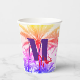Zomer tropische palmboom in retro neon 80's papieren bekers