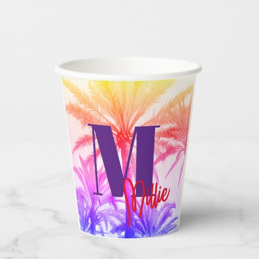 Zomer tropische palmboom in retro neon 80's papieren bekers (Voorkant)