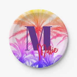 Zomer tropische palmboom in retro neon 80's papieren bordje
