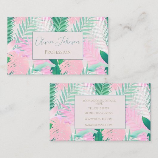 Zomer Tropische Roze Munt Palm gebladerte groen Visitekaartje (Voorkant / Achterkant)