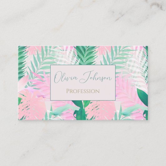 Zomer Tropische Roze Munt Palm gebladerte groen Visitekaartje (Voorkant)