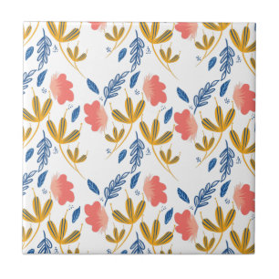 Zomer Tuin Blauw Geel Koraal Bloemen Tegeltje